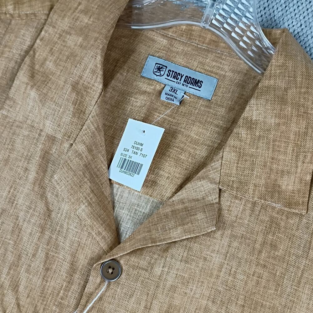 Stacy Adams Linen Party Dress Shirt Mens 3X Sand Brown Cuffed Short No Tuck - Picture 7 of 15